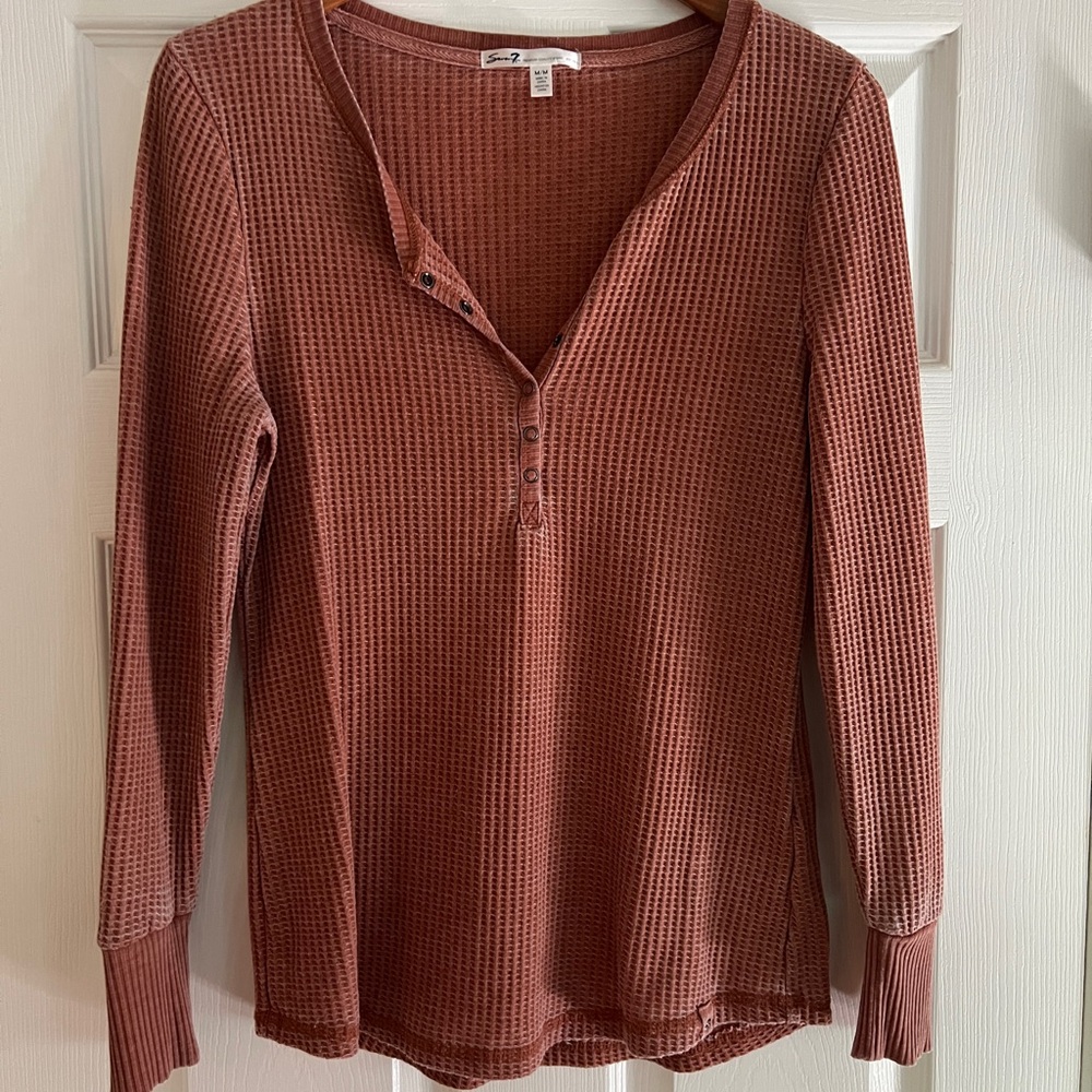 Women's Seven7 Waffle Knit Henley Top - Rust